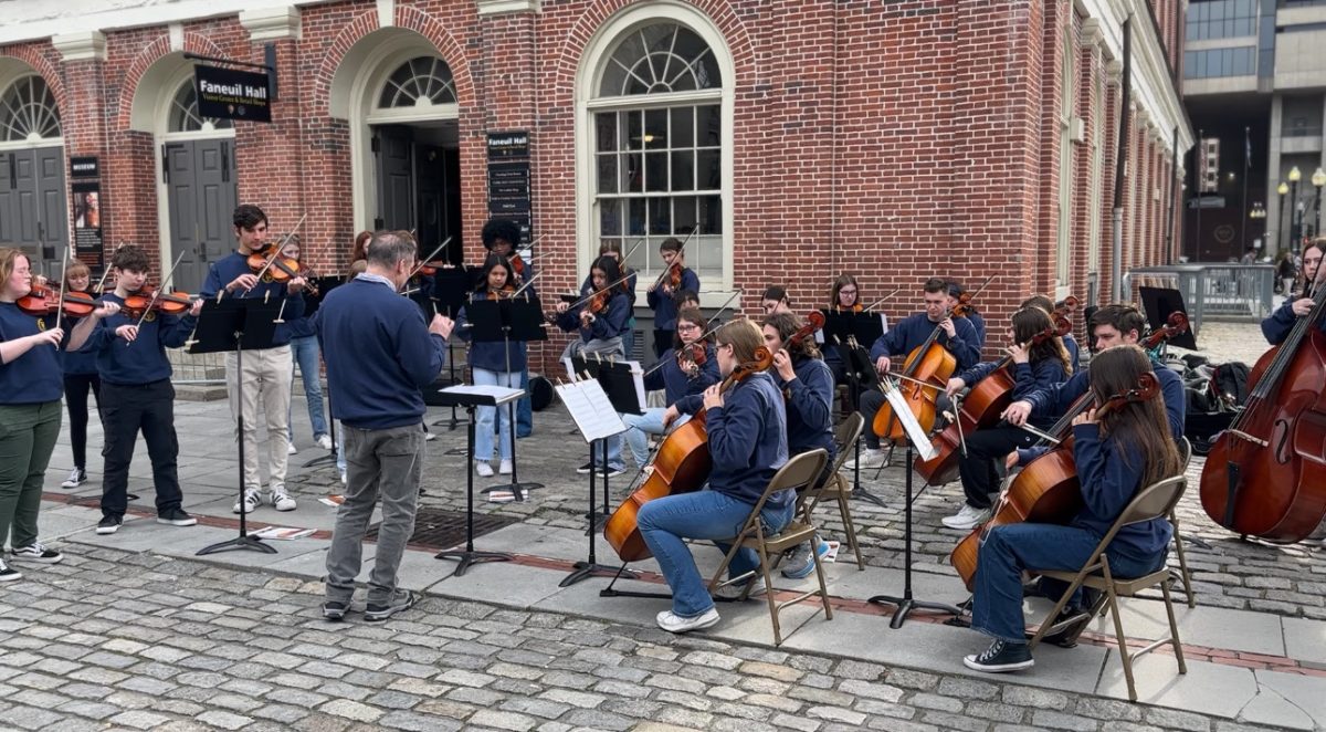 The orchestra playing on a street in Boston last year.
